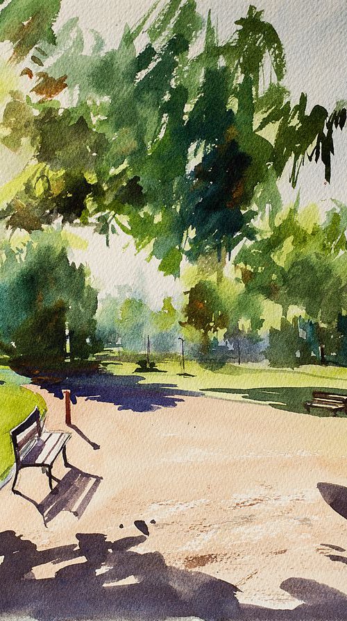 Park in Salamanca, Spain. Original watercolor. Green urban travel city light sun sunlight shadow contrast romantic impressionism by Sasha Romm