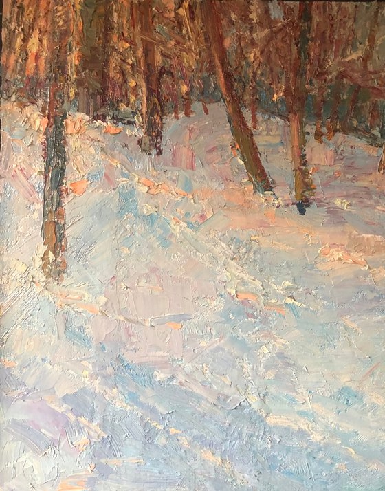Backyard snow landscape oil painting