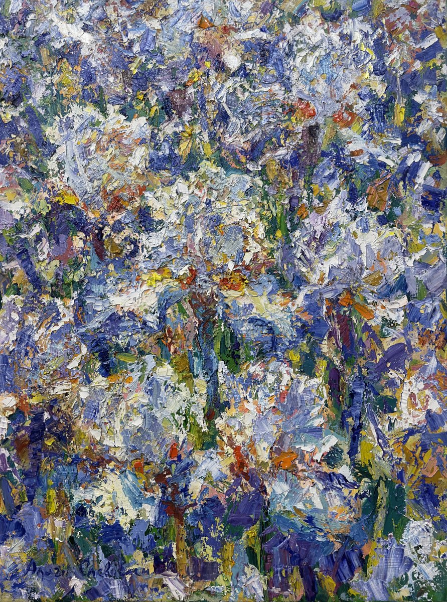Impressionistic Botanical Oil Painting By Andrii Chebotaru, 24 X 31, Irises, Original Artwork