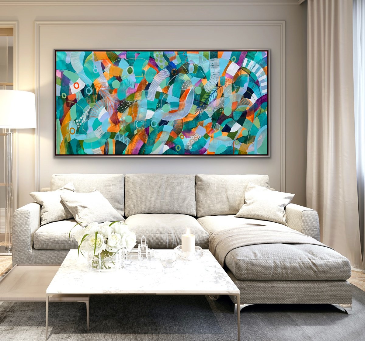 Organic Abstract Acrylic Painting By Rashna Hackett, 72 X 38", Hold Fast To Dreams, Original Artwork