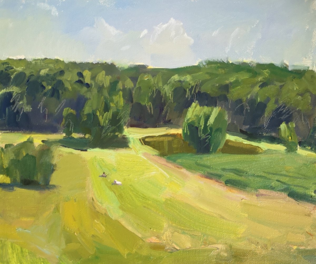 Impressionistic Landscape Oil Painting By Olga Samar, 14 X 12", July Heat. Etude., Original Artwork