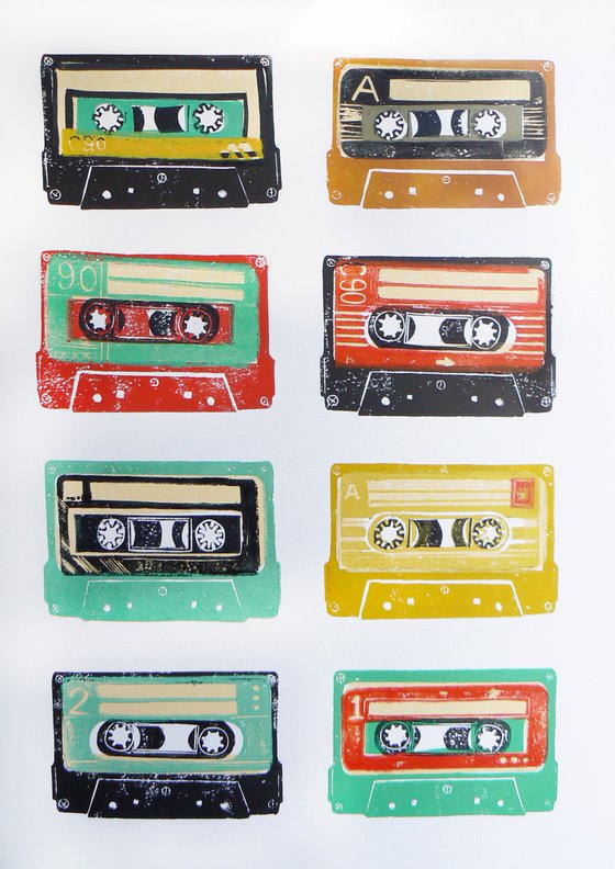 Linocut tapes #10 (cassette tapes, retro music, 70's, 80's rock culture)