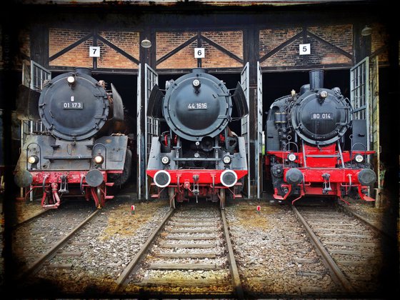 Old steam trains in the depot - print on canvas 60x80x4cm - 08497m2