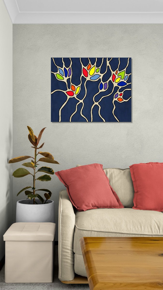 Abstract Botanical Acrylic Painting By Marina Krylova, 20 X 16", Joyful Flowers - Christmas Collection 09, Original Artwork