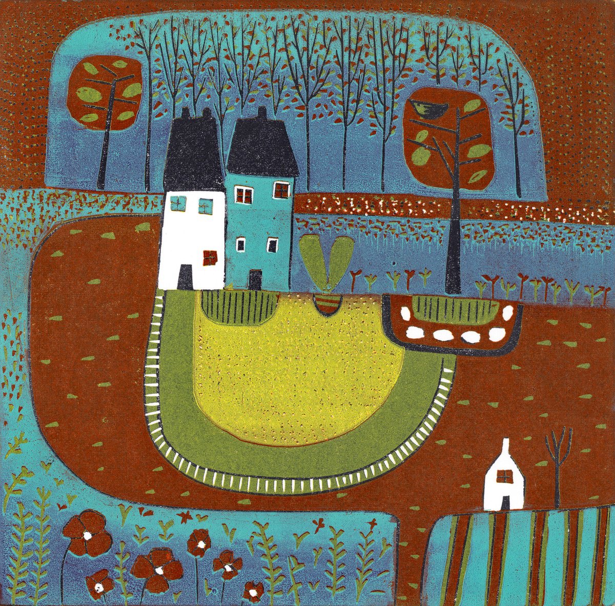 Graphic Landscape Linocut By Layla Khani (Aka Laylart), 9 X 9", 