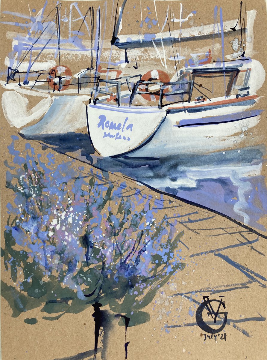 Landscape Painting By Valeria Golovenkina, 8 X 12", Lavender In San Remo Port, Original Artwork