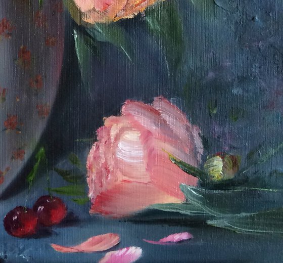 CORAL PEONIES IN A VASE - Still life. Delicate peonies. Unusual flowers. Blooming buds. Pastel shades. Luxurious. Peach.