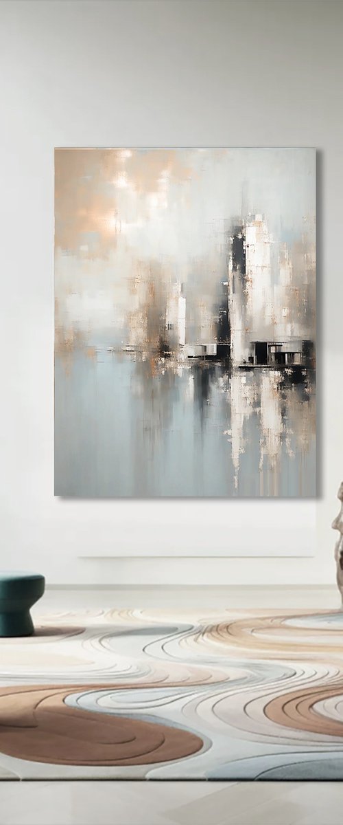 Mistline Cityscape in Pastel Blue and Gold by Indie Ru
