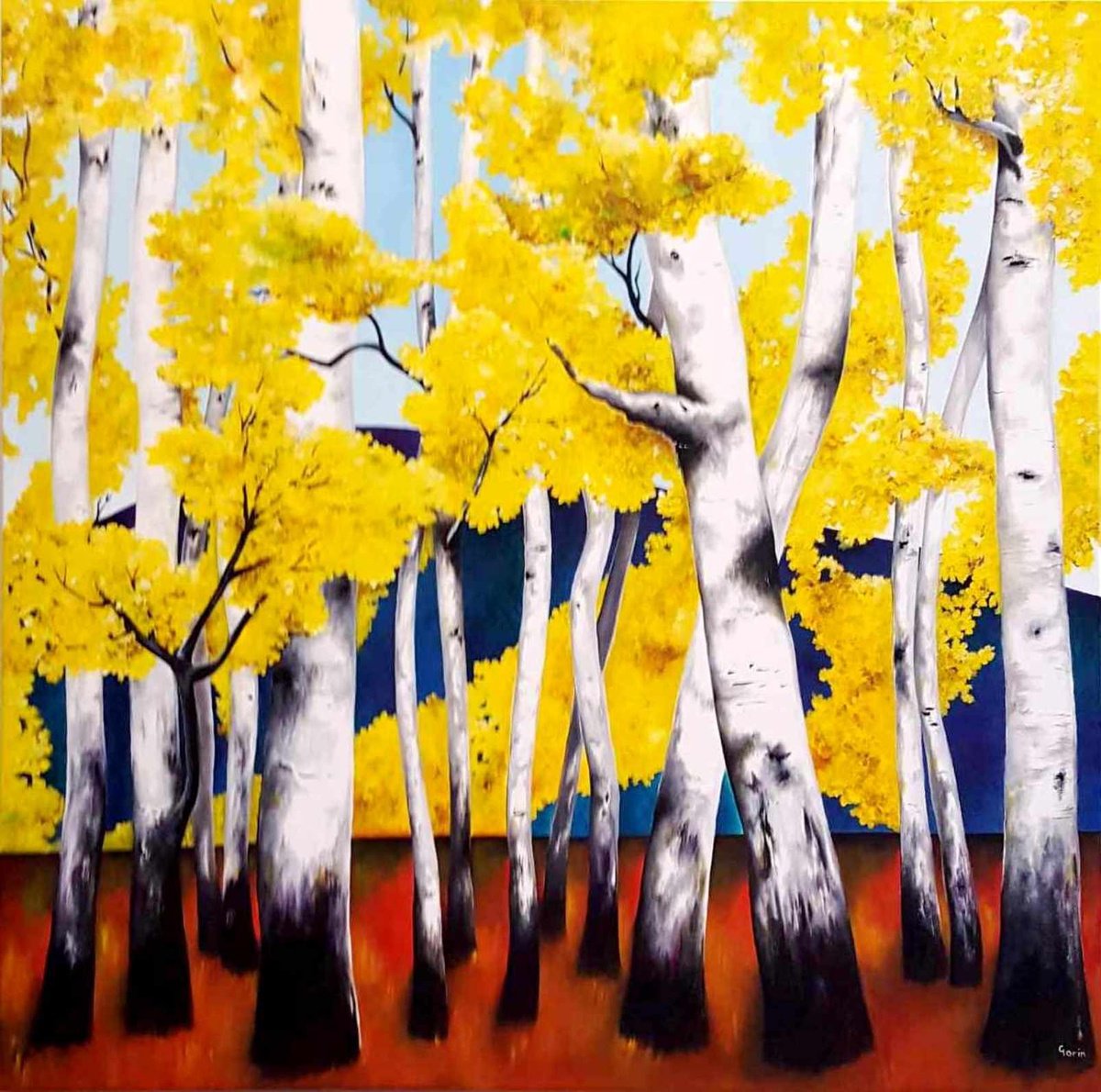Expressive Landscape Oil Painting By Marian Gorin, 39 X 39", Aspen, Original Artwork