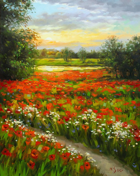 Poppy Field (Modern Impressionistic Landscape Oil Painting, Gift for nature lovers)