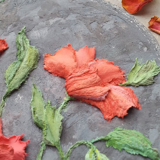 Sculpture painting, red flowers impasto art Red poppies