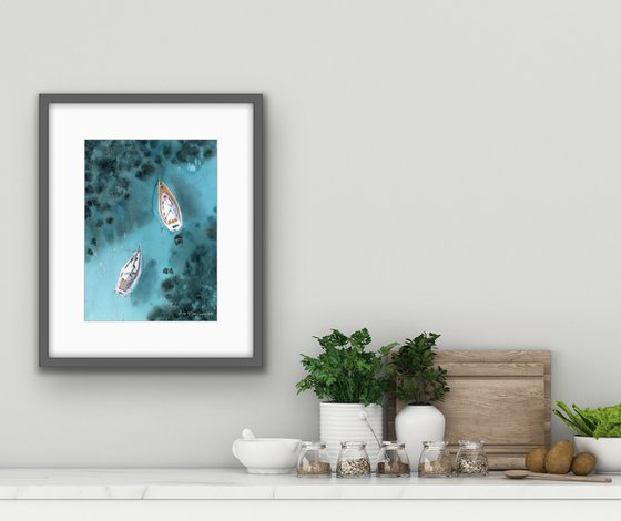Sailing boats in the ocean top view original painting watercolor artwork turquoise colors living room decor bedroom wall art gift for sea lovers gift for him