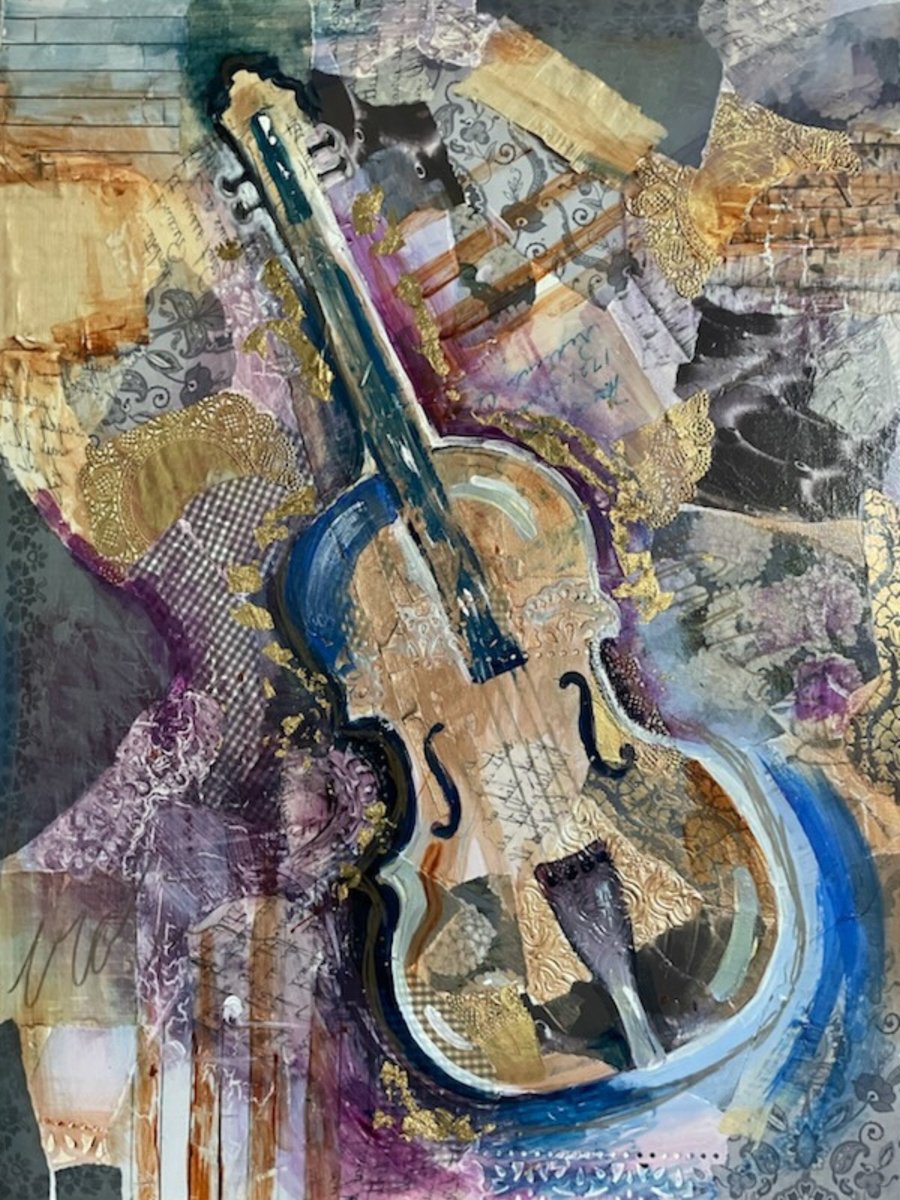 Impressionistic Abstract Collage By Eliry Arts, 18 X 24, Lone Violin, Original Artwork