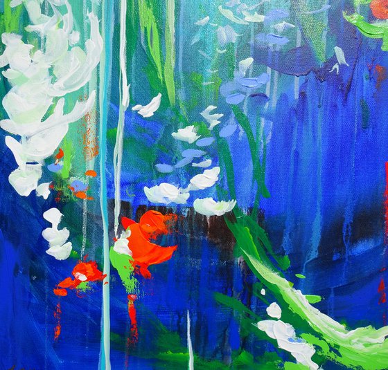 Abstract Flowers Modern Floral Landscape Painting. Blue, Red, Green, Violet, Teal, Abstract Tropical Flowers and Birds. Original Botanical Garden Painting on Canvas. Modern Impressionistic Art