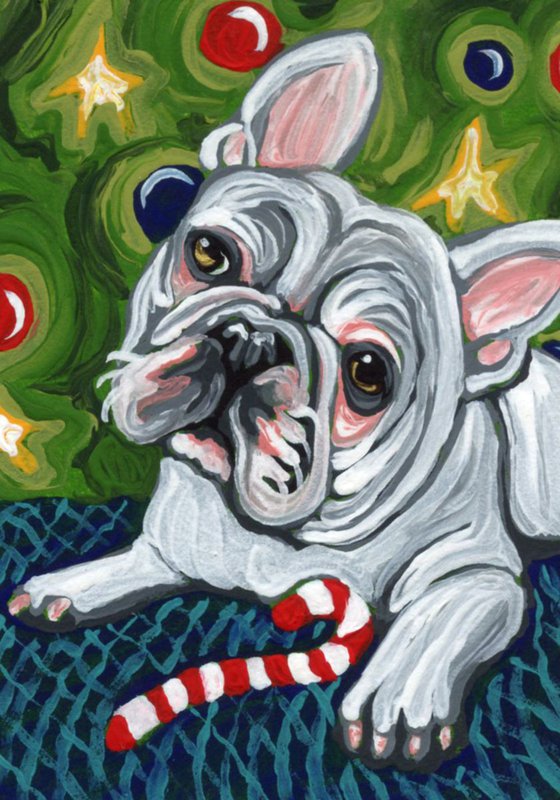 ACEO ATC Original Painting Christmas Candy Cane French Bulldog Pet Dog Art-Carla Smale
