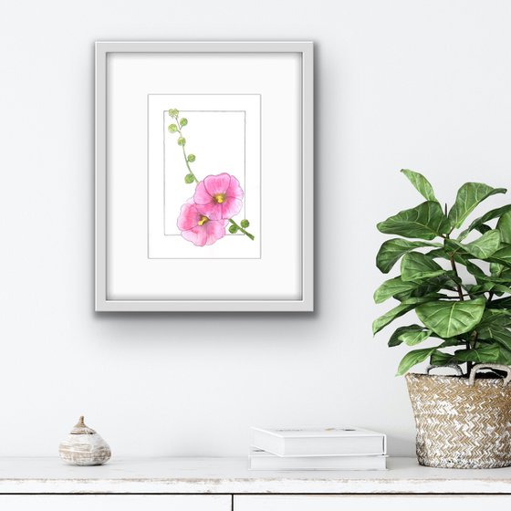 Flowers original watercolor - Pink mallow illustration - Floral mixed media drawing