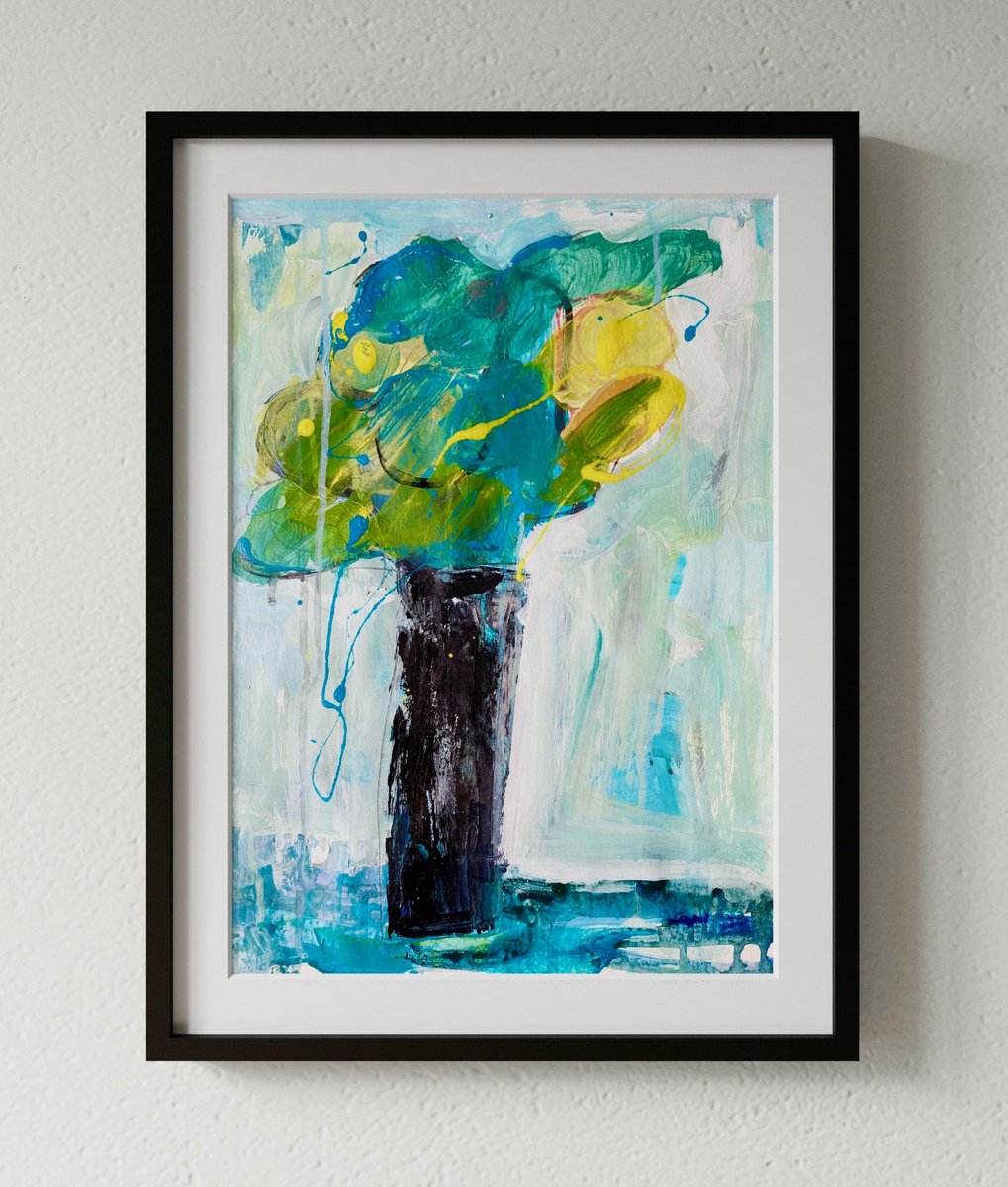 Impressionistic Botanical Acrylic Painting By Liubov Ro, 12 X 16", Flowers In Black Vase, Original Artwork