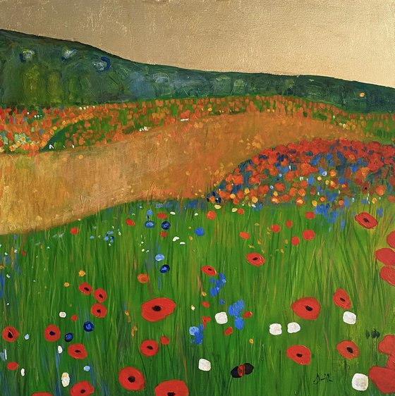 Contemporary Abstract Poppy Field & Gold Leaf Landscape.