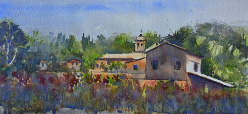 Green vine and orange house Gouvia Corfu Greece 17x36 cm 2022 by Nenad Kojić watercolorist