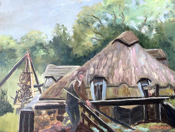 An ancient water powered sawmill. An original oil painting