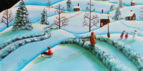 Winter folk art landscape painting