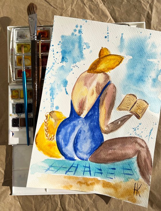 Beach Woman Painting Reader Original Art Reading Book Watercolor