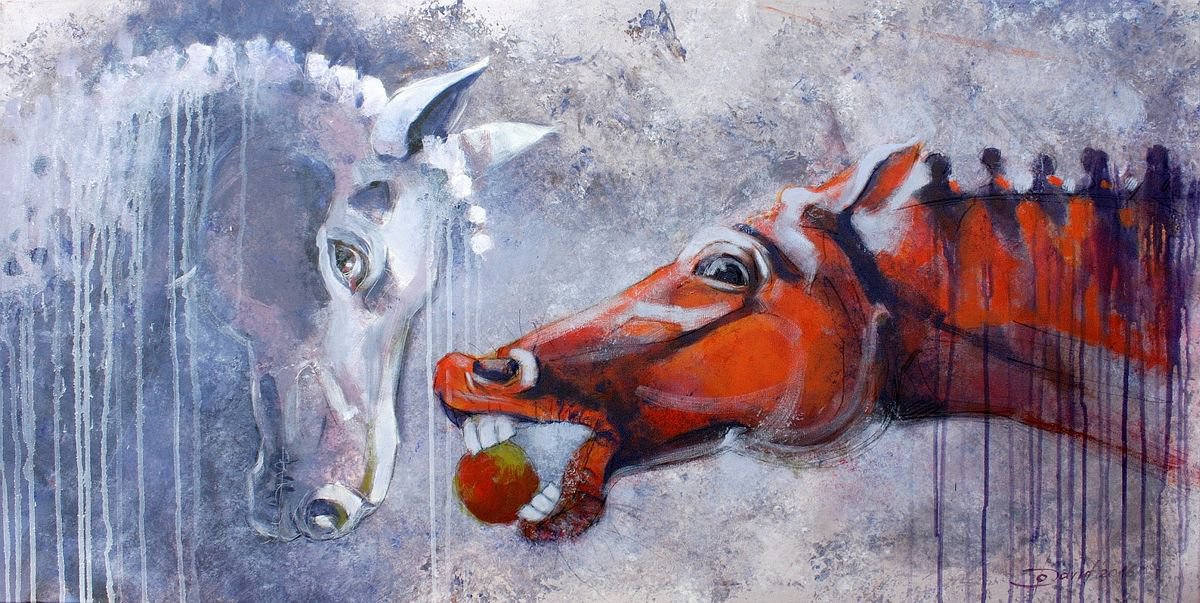 Animal Acrylic Painting By Olga David, 47 X 24", Zankapfel, Original Artwork