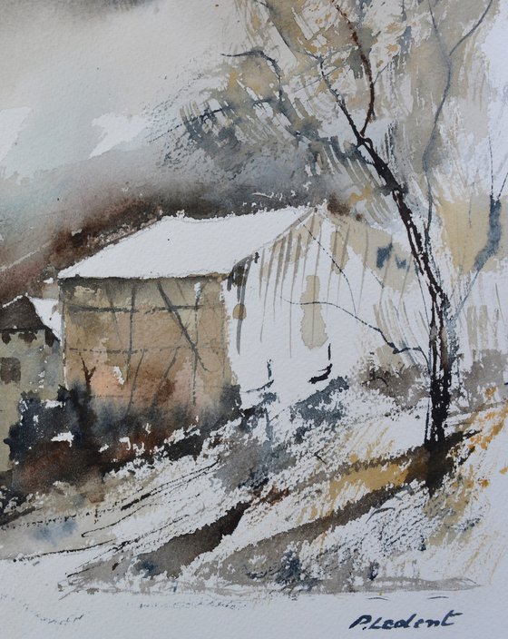 village in winter watercolor