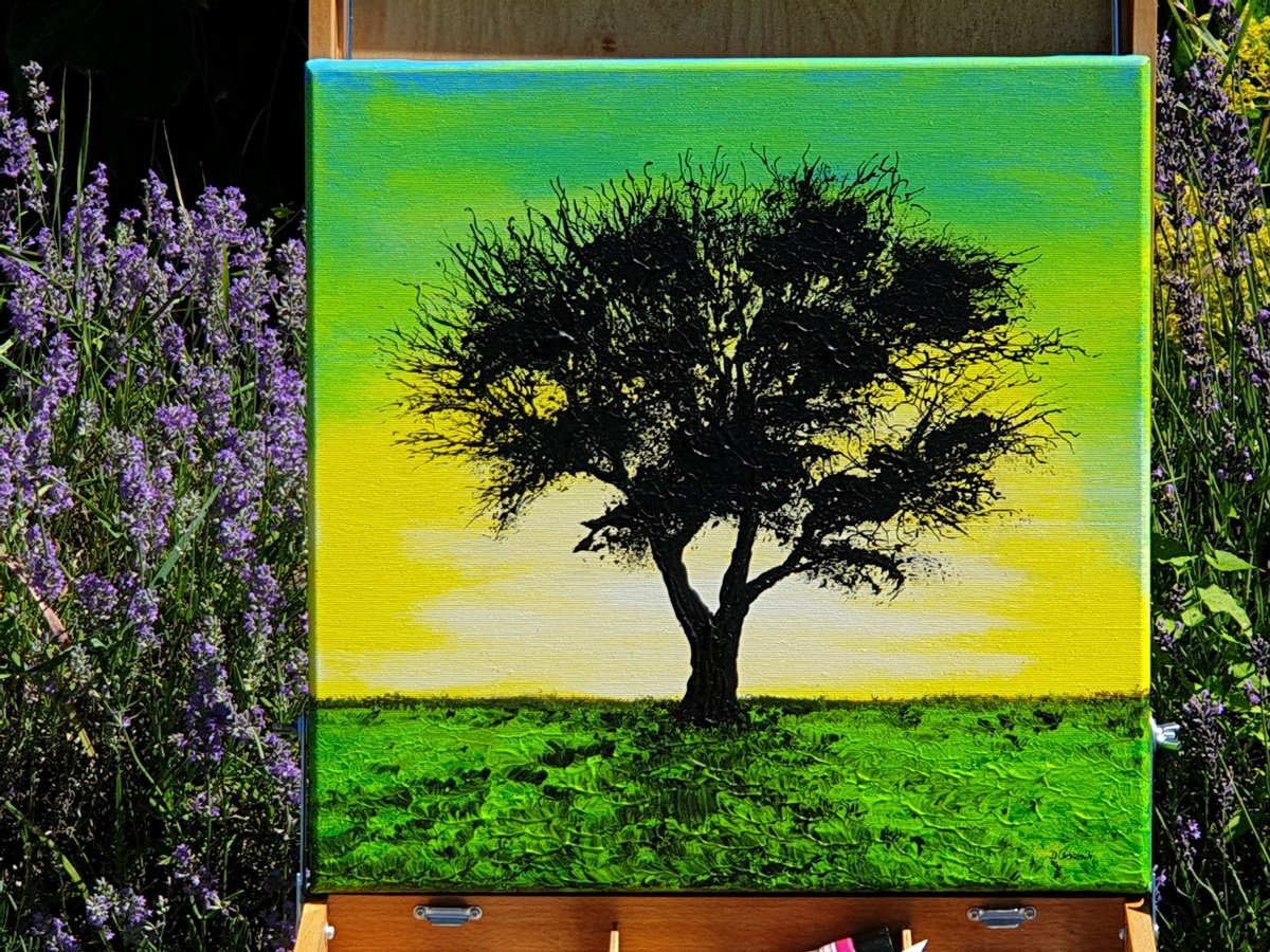 Impressionistic Landscape Acrylic Painting By Daniel Urbani?k, 16 X 16, Green Landscape 1, Original Artwork