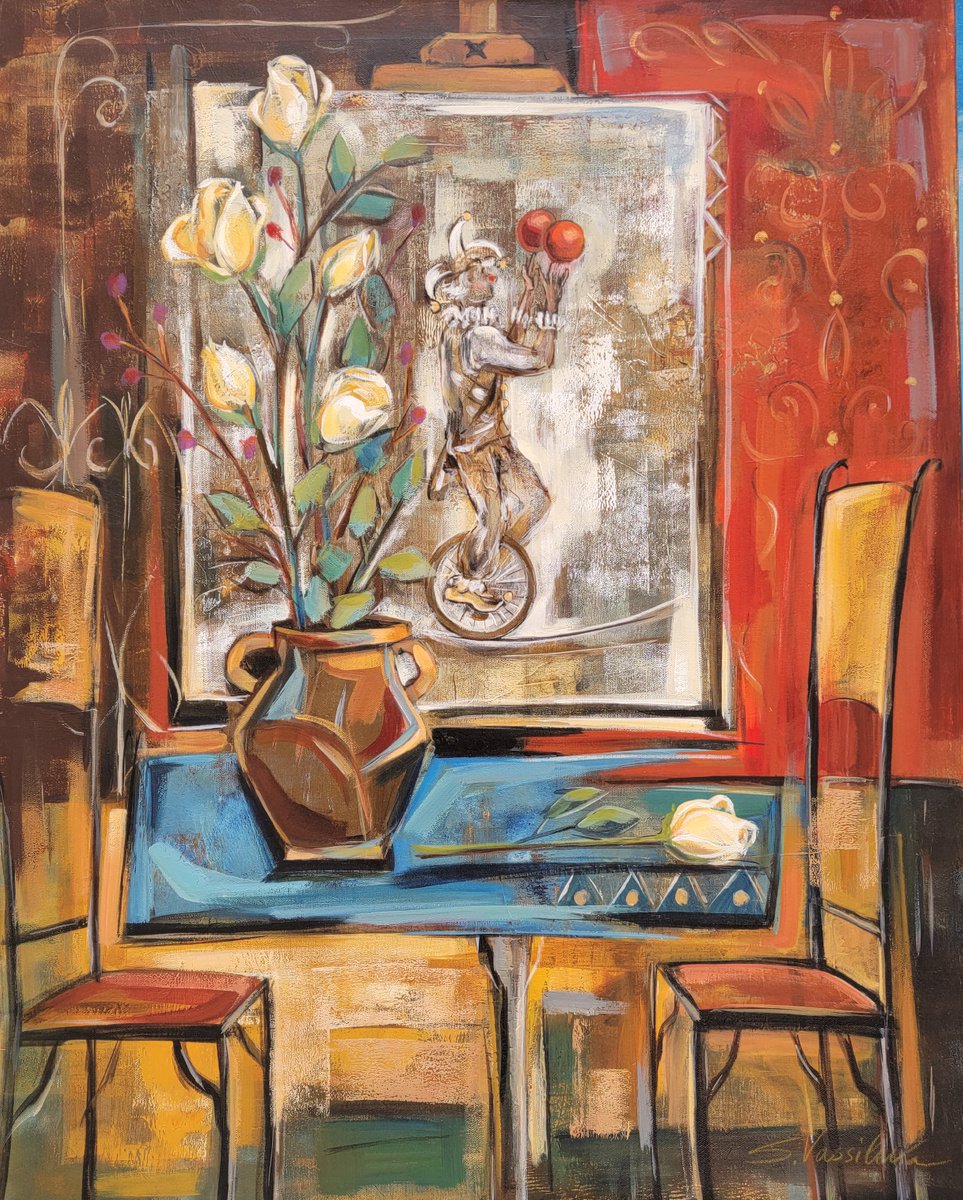 Expressive Still Life Acrylic Painting By Silvia Vassileva, 24 X 30", Interior With Unicycle, Original Artwork