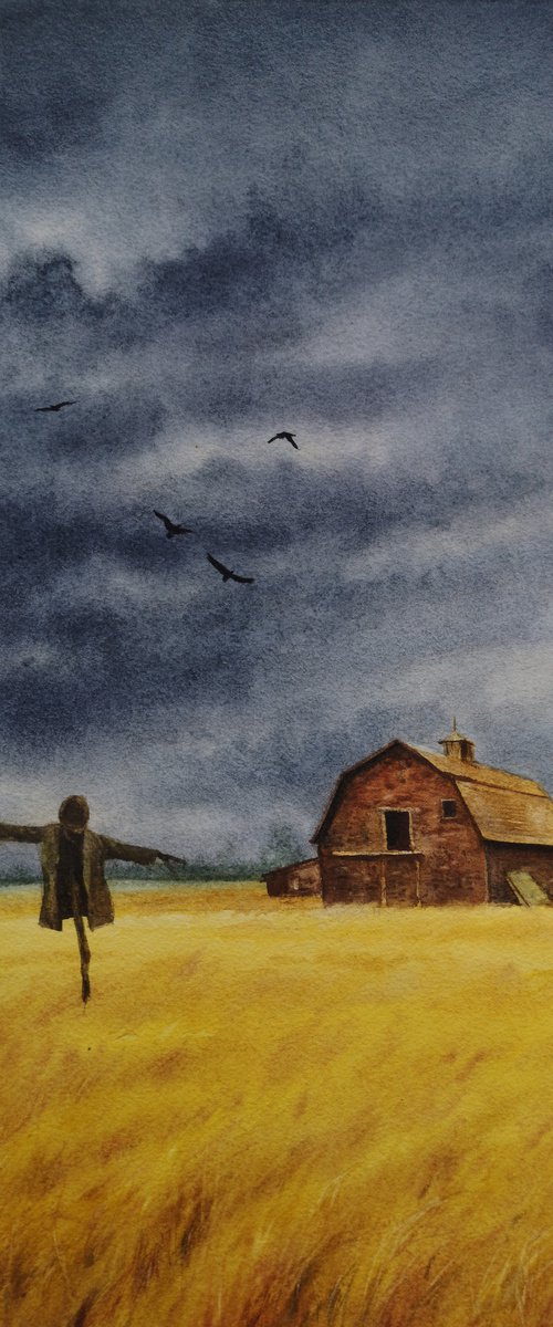 Farm scene with scarecrow and by Olga Beliaeva Watercolour
