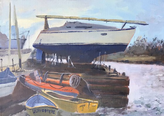 A yacht ready for the water, An oil painting.