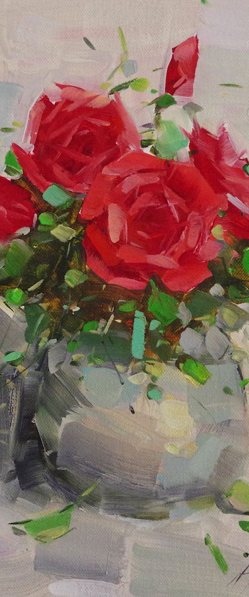 Vase of Roses, Oil painting, One of a kind, Signed, Handmade artwork by Vahe Yeremyan