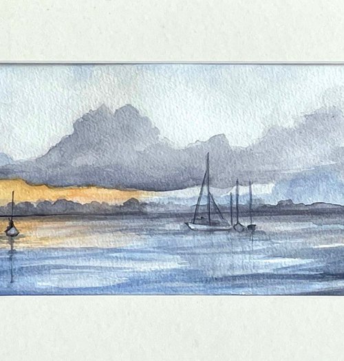 Biscayne Bay Marina Sunrise Miami  Original Watercolor Painting 8 X18 Matted by Rosie Brown