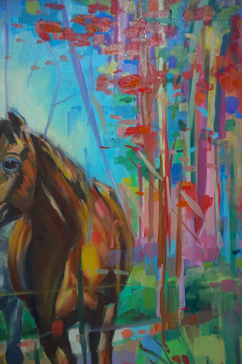 Impressionistic Animal Oil Painting By Amaya Fernandez Fariza, 21 X 26, Horses In The Forest, Original Artwork