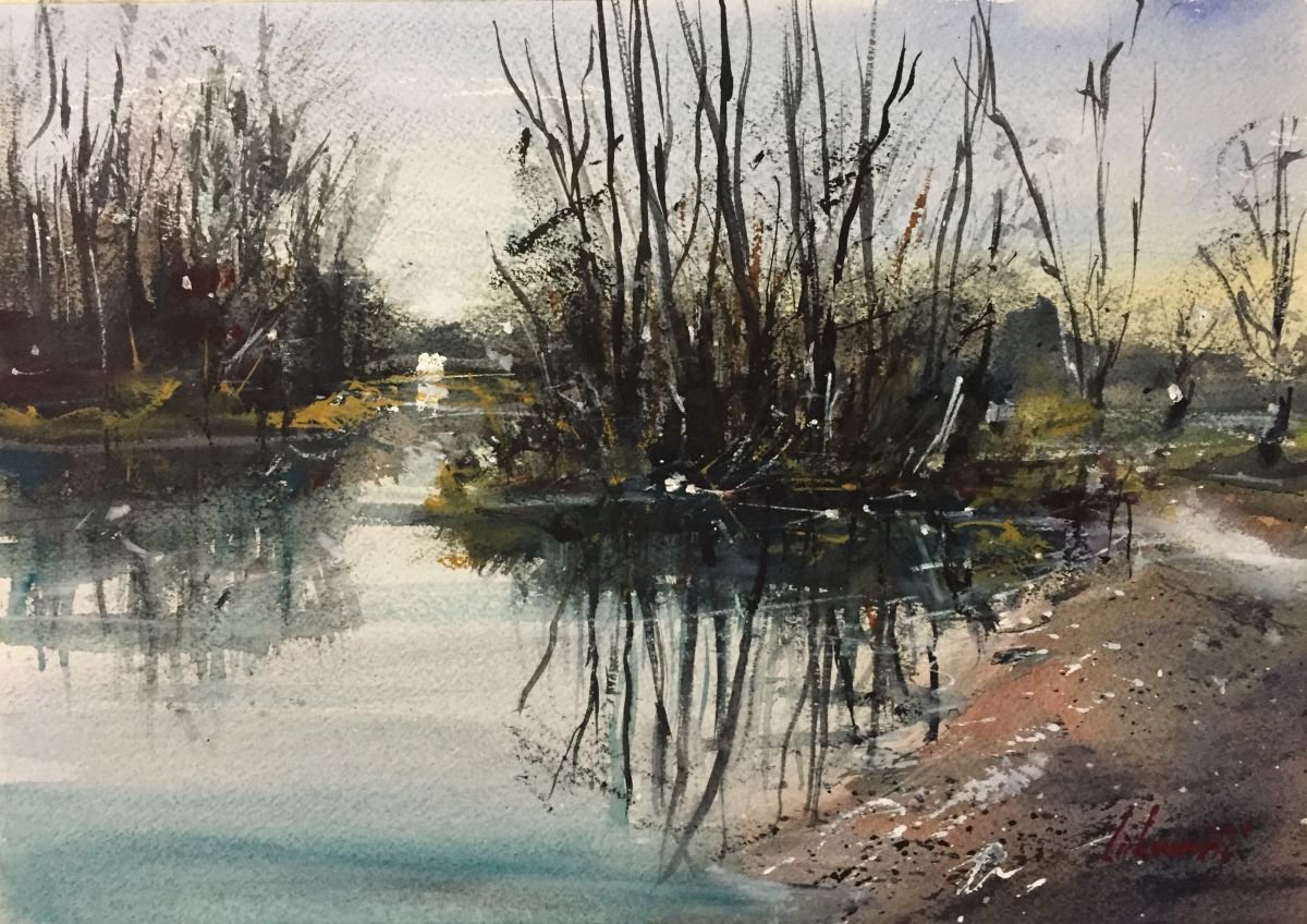 Impressionistic Landscape Watercolour By Tihomir Cirkvencic, 13 X 9", Beauty Of The Lake, Original Artwork