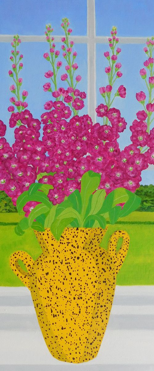Magenta Stocks in a Yellow and Black Spotted Vase by Ruth Cowell