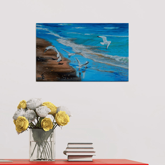 Seagulls at Beach. The Skyand the Sea. Seacost