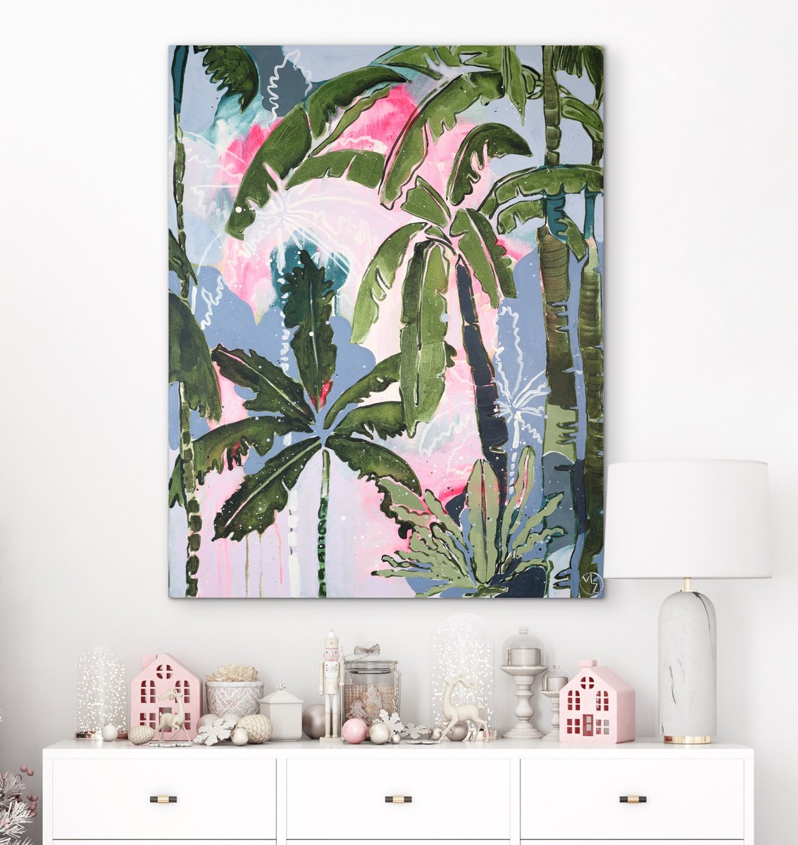 Expressive Botanical Acrylic Painting By Maria Al Zoubi, 28 X 36", Sanctuary, Original Artwork