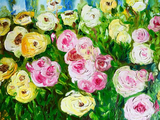 WHITE PINK YELLOW  ROSES landscape with  cypress trees palette  knife modern still life  flowers office home decor gift