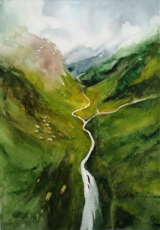 Green Valley - Mountain watercolour landscape