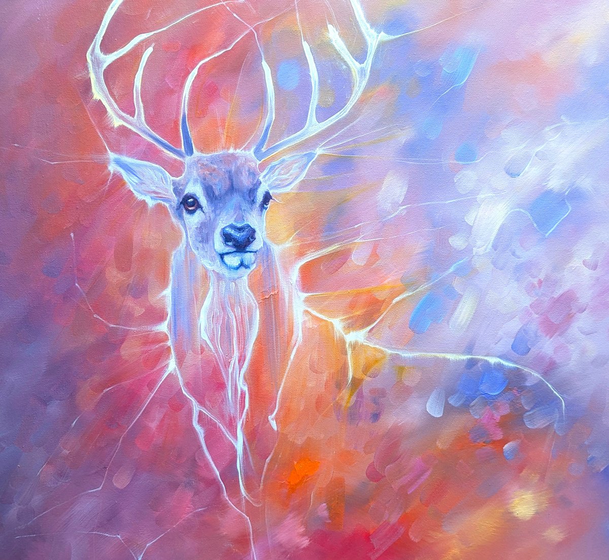 Expressive Animal Oil Painting By Gill Bustamante, 30 X 30, Stag In The Ether, Original Artwork