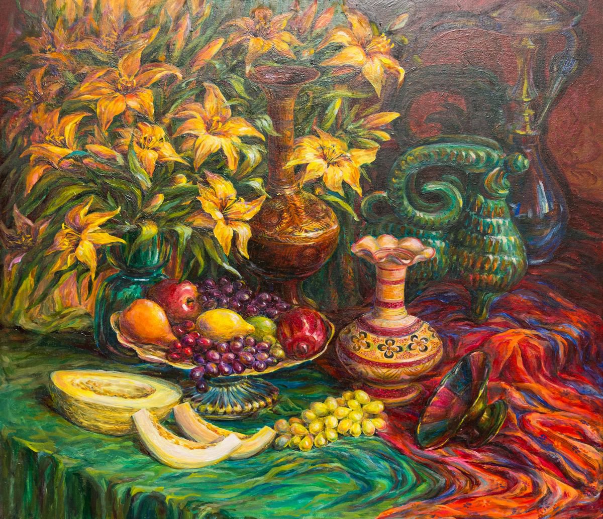 Impressionistic Still Life Oil Painting By Galyna Shevchencko, 31 X 28, Still Life With Lilies, Original Artwork