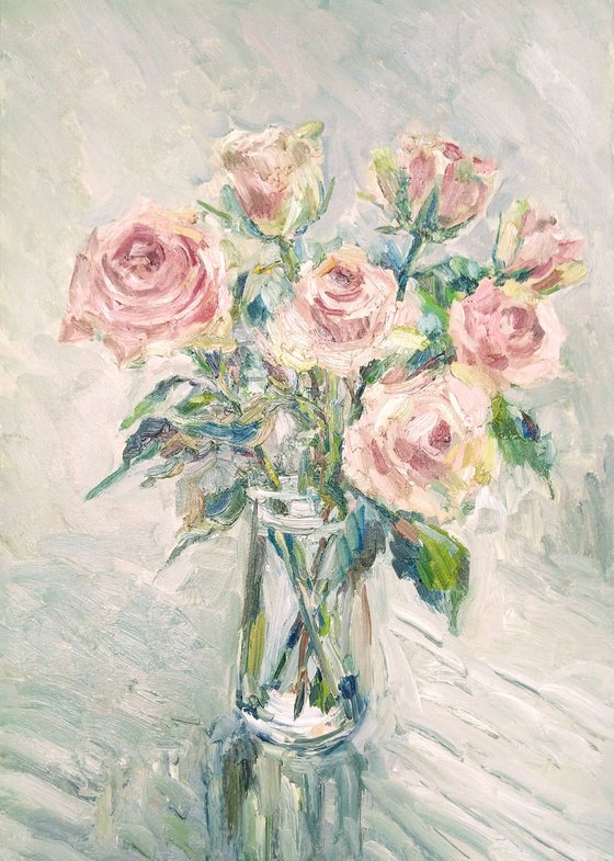 Roses in vase. Original oil painting.2021