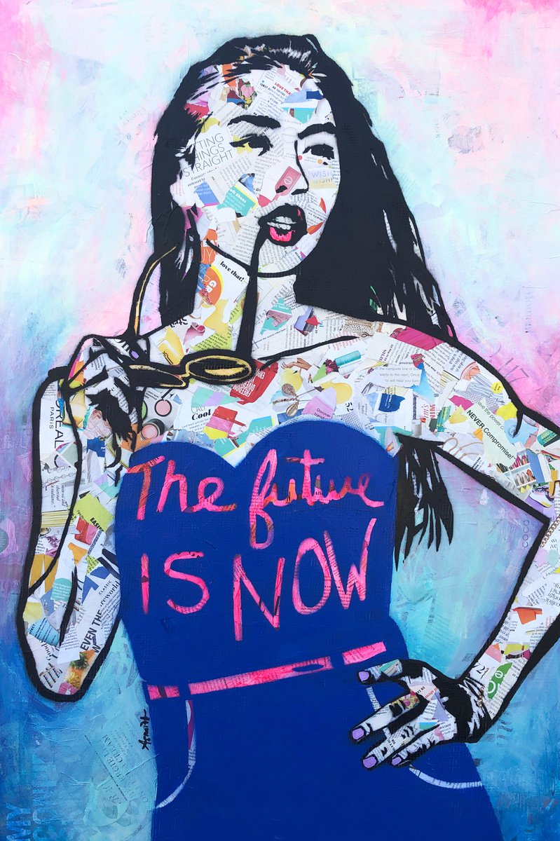 THE FUTURE IS NOW MIXED MEDIA ORIGINAL COLLAGE PAINTING by Amy Smith