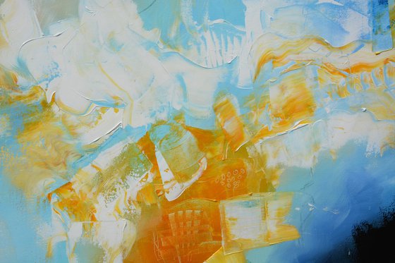 Blue abstract painting - Cool Rush - blue, yellow and white abstract painting