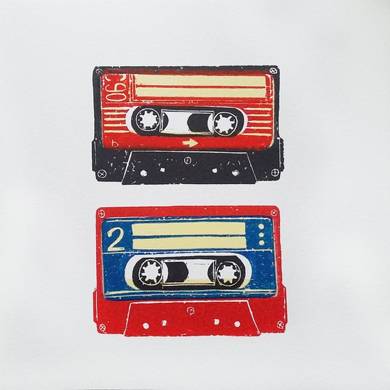 Linocut tapes duo #4 (cassette tapes, retro music, 70's, 80's rock culture)