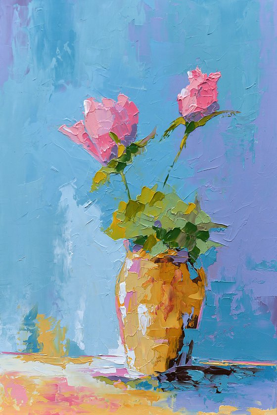 Still life painting with roses. Gift oil painting