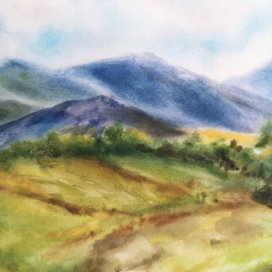 Mountain landscape. Summer landscape scenery. Watercolor landscape