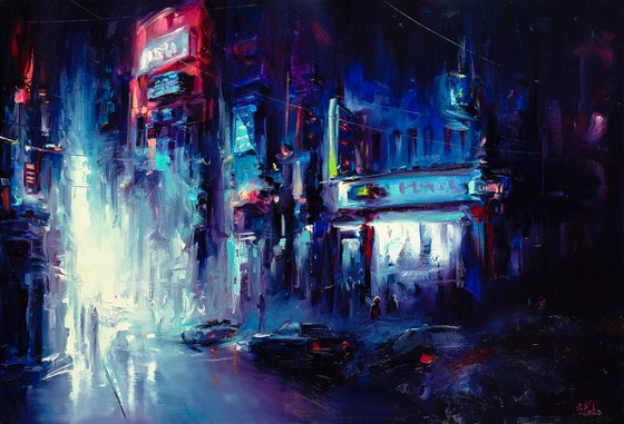 Urban Night Life. Cityscape painting.